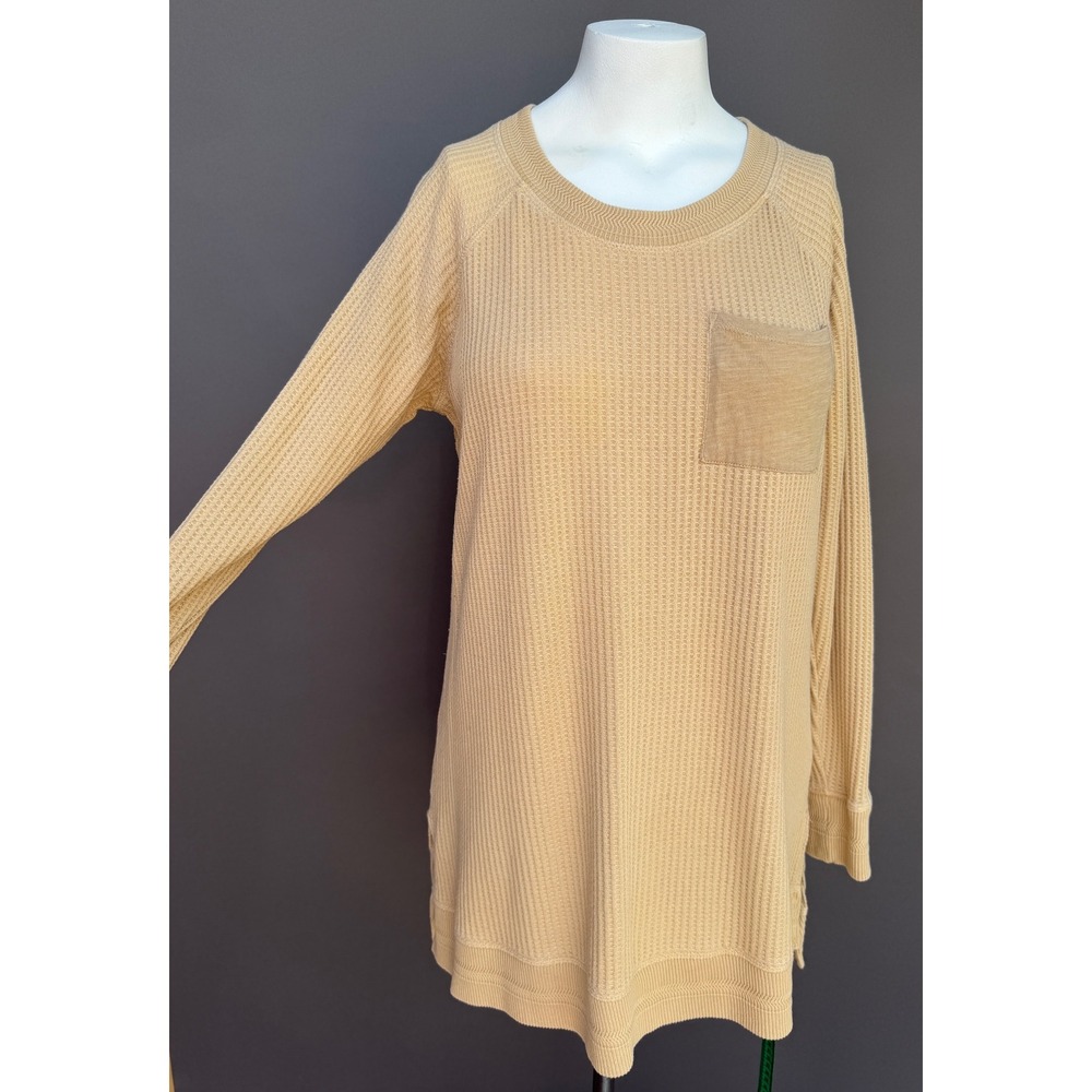 Soft Surroundings Waffle Knit Tunic Top Large Taupe Pocket Thermal Long Sleeve‎